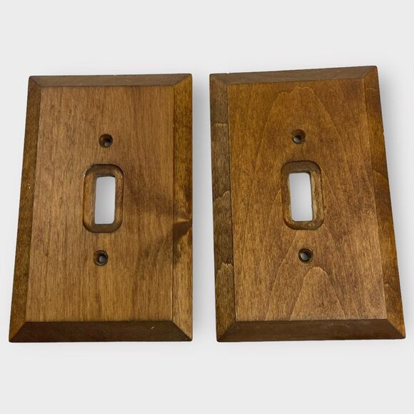 VTG Set 2 Light Switch Covers Single Wood Mid Century Decor Metal Back Taiwan - Picture 1 of 5